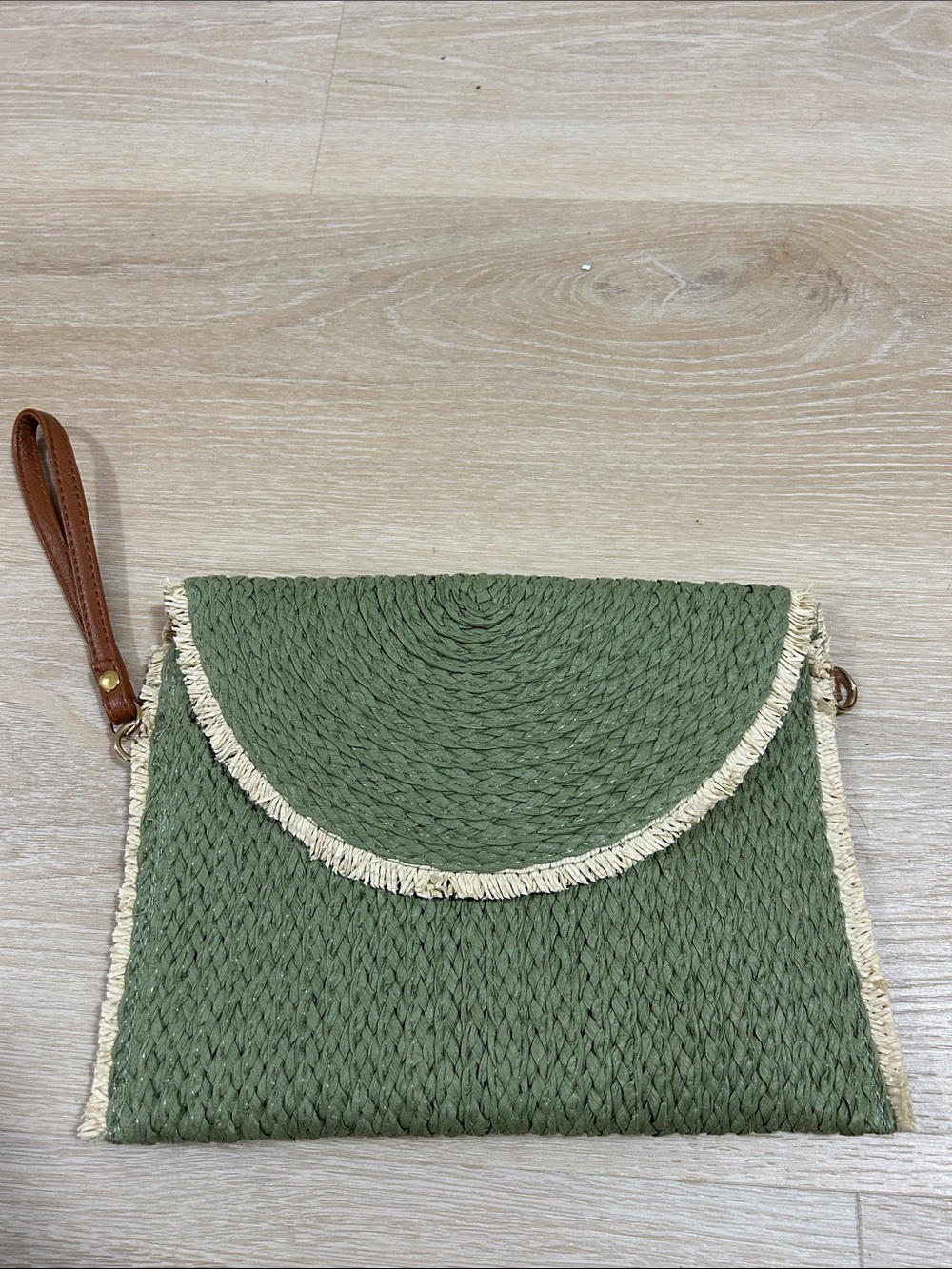 Olive Green Woven Fringe Wristlet Clutch